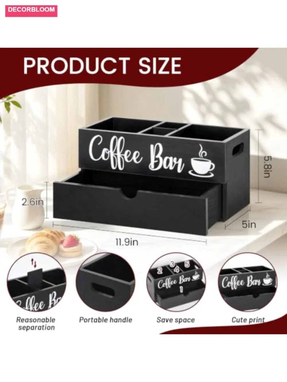 Farmhouse Coffee Station Organizer with Drawer | Wood Coffee Bar Holder for